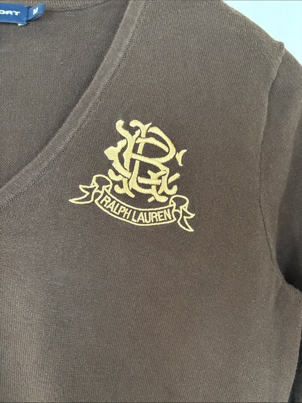 Ralph Lauren Brown V-Neck Sweater with Gold Crest - Picture 2 of 5